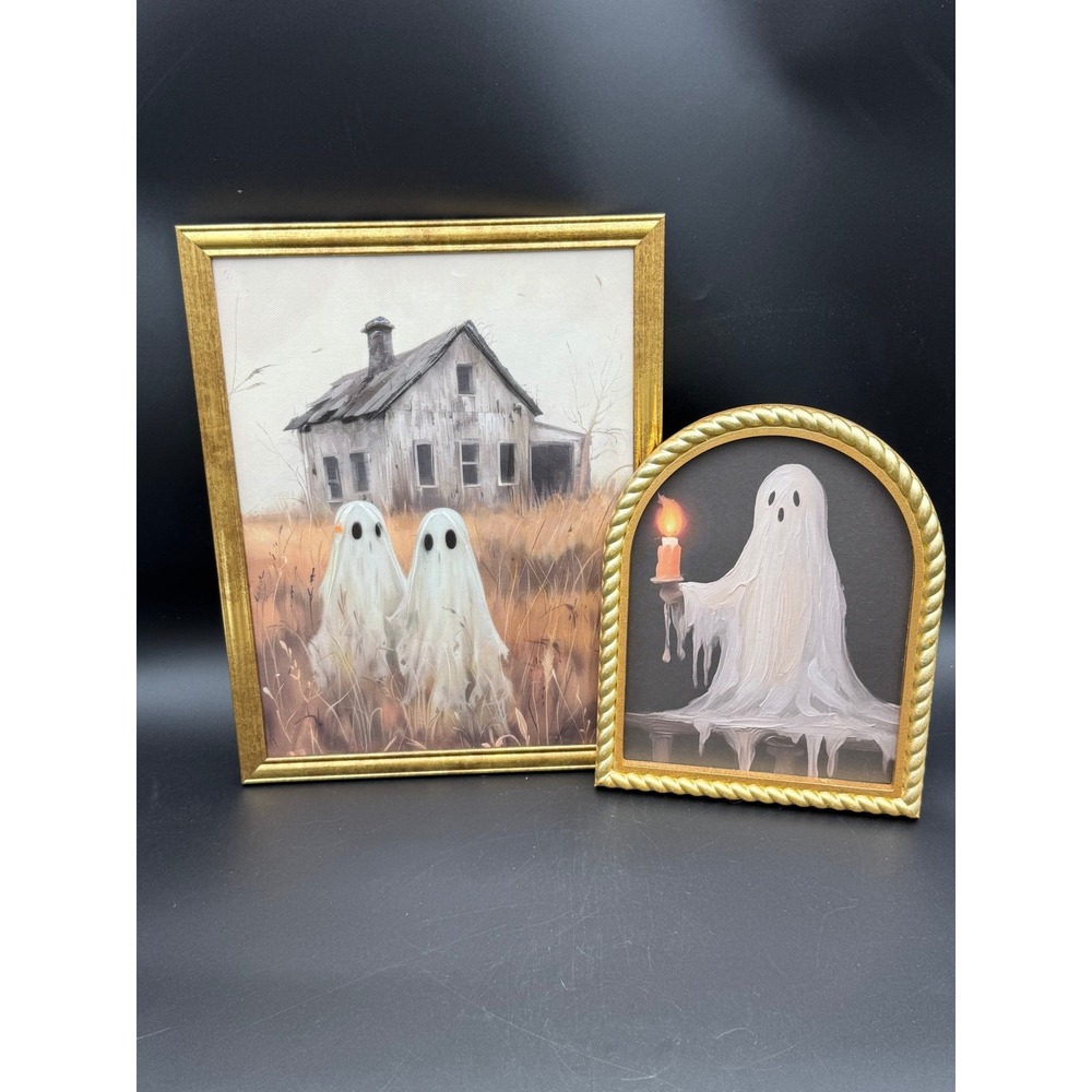 Spooky Ghost Art Prints Framed Set of 2 Halloween Wall Decor Gold Frames